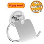 Badem10 WC Kağıt Standı Yapışkanlı Tuvalet Kağıtlık Aparat Kapaklı Paslanmaz Metal Sağlam Krom