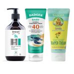 Badger Organik Bebek Güneş Kremi, Pişik Kremi ve Sirenol Organik Bebek Saç Vücut Şampuanı Set 400 mL / 87 mL / 87 mL