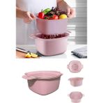 Badyalı Çok Amaçlı Süzgeç, Kulplu Makarna Meyve Sebze Süzgeci ve Karıştırma Kabı Seti 4 Litre - Hacim - Pembe