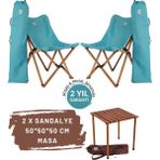 Bag The Joy Ahşap Katlanır Kamp Masa Sandalye Seti 50x50x50 cm | Çantalı | Kahverengi – Turkuaz