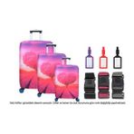 Bagacar Kalp 3lü Set Valiz Kılıfı, 3 lü Valiz Kemeri, 3lü Valiz Etiketi (Pembe - Beyaz - Krem)