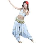 Bağcıklı Boncuklu Yelek + Dönen Dans Pantolonları +338 Yuan Bel Zinciri (Üç Parçalı Set) Oryantal Dans Kostümü Performans Kıyafeti (Beyaz, Bağlı Boncuklu Yelek [üst])