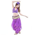 Bağcıklı Boncuklu Yelek + Dönen Dans Pantolonları +338 Yuan Bel Zinciri (Üç Parçalı Set) Oryantal Dans Kostümü Performans Kıyafeti (koyu Mor, Bağlı Boncuklu Yelek [üst])