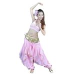 Bağcıklı Boncuklu Yelek + Dönen Dans Pantolonu +338 Yuan Bel Zinciri (Üç Parçalı Set) Oryantal Dans Kostümü Performans Kıyafeti (Pembe,Kaban+Pantolon +338")