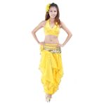 Bağcıklı Boncuklu Yelek + Dönen Dans Pantolonu +338 Yuan Bel Zinciri (Üç Parçalı Set) Oryantal Dans Kostümü Performans Takımı (Sarı, Kaban+Pantolon +338 inç)