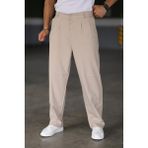 Baggy Çift Pileli Krem-Bej Renk Beli Lastikli Kaliteli Rahat Kesim Klasik Bol Paça Baggy Pantolon - Krem - Bej - 2XL
