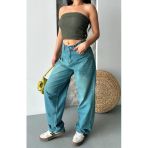 Baggy Taş Enzim Bıyık Yıkama Jeans Pantolon Yeşil Tint D2007
