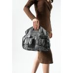 Baginn Yıkama Deri Kadın Elde Tutma Vegan-Suni Deri Çapraz Askılı Postacı Çanta 35*32 cm Kemer Detaylı - 35 x 32 cm - Gri
