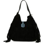 Bagmori Siyah Hakiki Süet Deri Püsküllü Mini Salaş Çanta - En:30 Cm Boy:21 Cm Genislik:11 Cm