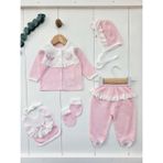 Baharda Nova %100 Pamuk Kız Bebek Yeni Doğan 5’li Hastane Çıkış Seti / Zıbın / Mevlüt Set - Yenidoğan - Pembe - Beyaz