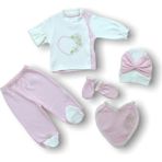 Baharın Çiçekli Kalbi Nakışlı %100 Cotton Antibakteriyel 5li Zıbın Takımı Hastane Çıkışı - Pembe - Yenidoğan