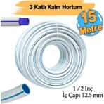 Bahçe Hortumu 15 Metre Çeşme Su Sulama Hortum Araç Araba Yıkama 12.5 mm 1/2" 3 Katlı Sağlam