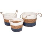 Bahçem Dekoratif Yuvarlak Kulplu Hasır Koton Üç Renk Tasarımlı 3'lü Sepet / Saksı Takımı - 25X20X24CM - 30X23X28CM - 33X26X32CM - Naturel