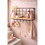 bahe home Askılı Mutfak Rafı Ahşap Standlı Kancalı Baharatlık Organizer Duvar Rafı