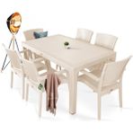 Bahex Rattan Masa Takımı 90 x 150 Camsız Masa 6 Kişilik Sandalye Seti Bahçe Balkon Teras Takımı Krem