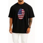 Bahriyeli Collection Oversize Amerika Birleşik Devletleri Parmak Izi Bayrak Göğüs Tasarımlı Unisex T-Shirt - Siyah - XL