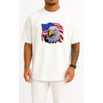 Bahriyeli Collection Oversize Amerika Kartalı ve Amerika Bayrağı Göğüs Tasarımlı Unisex T-Shirt - Beyaz - XL