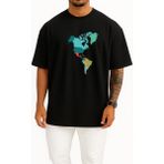 Bahriyeli Collection Oversize Amerika Kıtası Haritası Göğüs Tasarımlı Unisex T-Shirt - Siyah