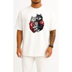 Bahriyeli Collection Oversize Anne - Baba ve Çocuk Turan Kurt ve Türk Bayrağı Göğüs Baskılı Unisex T-Shirt - Beyaz - XL