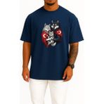 Bahriyeli Collection Oversize Anne - Baba ve Çocuk Turan Kurt ve Türk Bayrağı Göğüs Baskılı Unisex T-Shirt - Lacivert