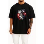 Bahriyeli Collection Oversize Anne - Baba ve Çocuk Turan Kurt ve Türk Bayrağı Göğüs Baskılı Unisex T-Shirt - Siyah
