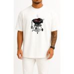 Bahriyeli Collection Oversize Ayaklı Barbekü - Izgara - Mangal Göğüs Tasarımlı Unisex T-Shirt - Beyaz