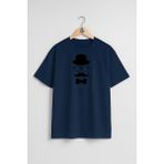 Bahriyeli Collection Oversize Bıyık Silindir Şapka Gözlük Papyon Göğüs Tasarımlı Unisex T-Shirt - Lacivert - XL