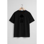 Bahriyeli Collection Oversize Bıyık Silindir Şapka Gözlük Papyon Göğüs Tasarımlı Unisex T-Shirt - Siyah