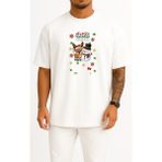 Bahriyeli Collection Oversize Feliz Navidad Yeni Yıl Yılbaşı Geyik Kardanadam Göğüs Tasarımlı Unisex T-Shirt - Beyaz
