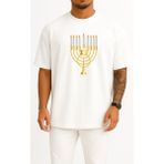 Bahriyeli Collection Oversize Hanukkah Menorah Yahudi Bayramı Göğüs Tasarımlı Unisex T-Shirt - Beyaz - XL