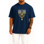 Bahriyeli Collection Oversize Hanukkah Menorah Yahudi Bayramı Göğüs Tasarımlı Unisex T-Shirt - Lacivert - XL