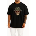 Bahriyeli Collection Oversize Kuru Kafa Asker ve Kamuflaj Şapka Göğüs Tasarımlı Unisex T-Shirt - Siyah - XL