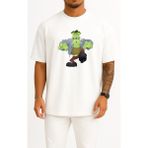 Bahriyeli Collection Oversize Monster Frankenstein Halloween Göğüs Tasarımlı Unisex T-Shirt - Beyaz