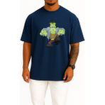 Bahriyeli Collection Oversize Monster Frankenstein Halloween Göğüs Tasarımlı Unisex T-Shirt - Lacivert - XL