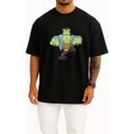 Bahriyeli Collection Oversize Monster Frankenstein Halloween Göğüs Tasarımlı Unisex T-Shirt - Siyah