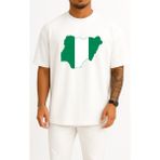 Bahriyeli Collection Oversize Nijerya Bayrağı ve Haritası Göğüs Tasarımlı Unisex T-Shirt - Beyaz