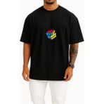 Bahriyeli Collection Oversize Rübik Küp Göğüs Baskılı Unisex T-Shirt - Siyah - M