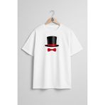 Bahriyeli Collection Oversize Sihirbaz Şapkası ve Papyon Göğüs Tasarımlı Unisex T-Shirt - Beyaz