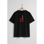Bahriyeli Collection Oversize Sihirbaz Şapkası ve Papyon Göğüs Tasarımlı Unisex T-Shirt - Siyah - XL
