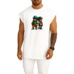 Bahriyeli Collection Oversize Teddy Bear Gözlüklü 2 Ayı Göğüs Baskılı Atlet - Beyaz