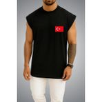 Bahriyeli Collection Oversize Türk Bayrağı Cep Baskılı Atlet - Siyah - XL
