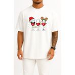 Bahriyeli Collection Oversize Yılbaşı Wine ve Şapka Göğüs Tasarımlı Unisex T-Shirt - Beyaz - XL