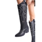 Bak Store Siyah Cilt Deri Beyaz Kalp Nakışlı Kovboy Fermuarlı Western Kadın Çizme