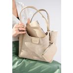 bakacstore Bej Krem Süet Dokulu Suni Deri Cüzdanlı Makyaj Çantalı Kadın El Ve Omuz Çantası U:25 E:38 G:15 Cm