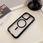 Bakicey iPhone 14 Pro Max için kılıf, malzeme akrilik Mag-Safe krem rengi sade cep telefonu kılıfı şeffaf koruyucu kılıf sevimli çizilmez kılıf iPhone 14 Pro Max için, siyah kenar