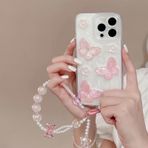 Bakicey iPhone 15 Plus ile uyumlu, 3D lazer kelebek, çiçek, şeffaf, parıltılı TPU koruyucu kılıf, kristal yay bileklik, çizilmeye karşı dayanıklı, iPhone 15 Plus için, pembe