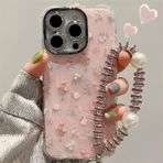 Bakicey iPhone 15 Plus ile uyumlu, lale çiçekli kabuk desenli koruyucu kılıf, inci bileklik, tatlı kristal, lüks, çizilmeye karşı dayanıklı, iPhone 15 Plus için, pembe