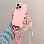 Bakicey iPhone 15 Pro için Cep Telefonu Zinciri Kılıf Cep Telefonu Kılıfı Naylon Omuz Askısı Sıvı Silikon TPU Kılıf Asmak için Kordonlu Koruyucu Kılıf Şık Bant Kılıf iPhone 15 Pro için - Açık Pembe