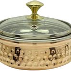 Bakır çelik Handi kase, cam kapaklı, yemek servisi için, sofra takımı, Hint servis tabağı, bakır dövülmüş tasarım, kapaklı 18 cm (1)