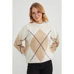 Baklava Desenli Oversize Kazak - Bej - M - L